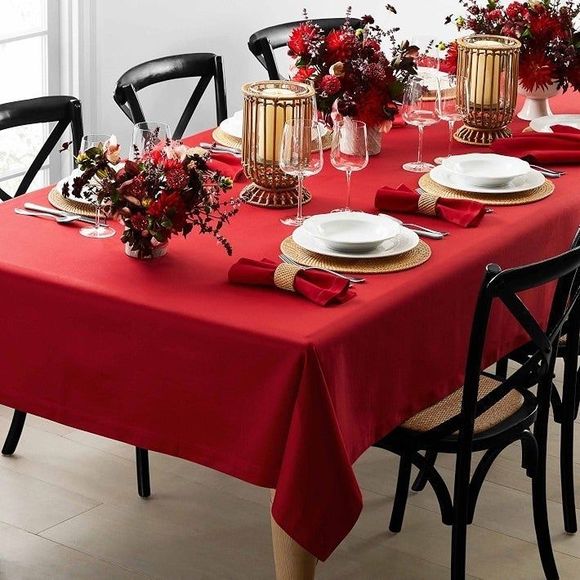 Williams Sonoma Red 100% Linen Hemstitch Rectangle Tablecloth 4 Napkins 70x90" - Picture 2 of 9